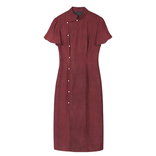 中国丝绸香云纱【莨珠记红色素绉缎】隆鹊旗袍新中式时尚气质女裙