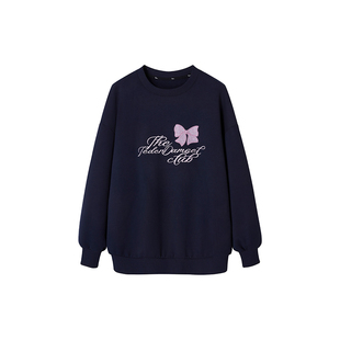 【铃兰蝶梦】Uena美式复古藏青色撞色蝴蝶结字母刺绣宽松加绒卫衣