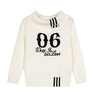 CLP白色可露肩设计高领提花长袖针织衫毛衣男女宽松休闲翻领弹力