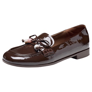 色非真皮乐福鞋女款2026新款春季软底一脚蹬小皮鞋蝴蝶结串珠单鞋