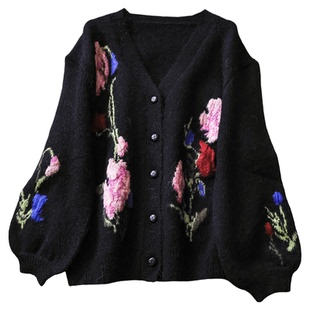 撞色花卉提花宽松慵懒V领灯笼袖针织开衫外套长袖温柔毛衣女Q630