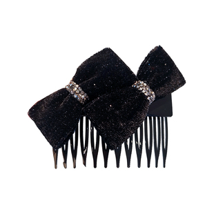 法式高级感新款气质黑色丝绒蝴蝶结水钻发梳发夹碎发整理插梳头饰