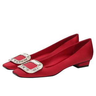 LUKE法式真丝水钻绸缎rv方头方扣粗跟气质婚鞋浅口不累脚舒适单鞋