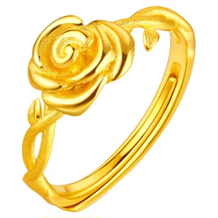 金至尊野玫瑰黄金戒指女 999足金指环活口黄金首饰生日礼物送老婆