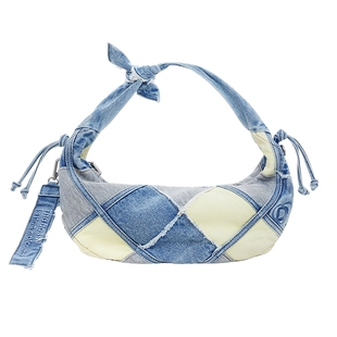 Desigual洗水牛仔撞色拼接毛边肌理月牙包单肩腋下包