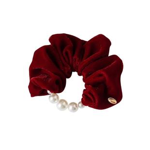 小香风丝绒珍珠大肠发圈女绑马尾皮筋扎头发绳轻奢酒红色头绳头花