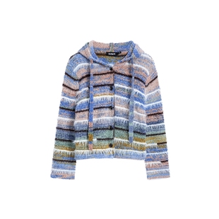 Desigual针织段染纱蓝白条纹设计连帽开衫女士针织衫