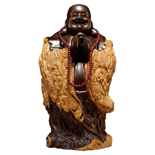 黑檀实木雕刻弥勒佛根雕摆件笑佛工艺品红木家居客厅玄关装饰送礼