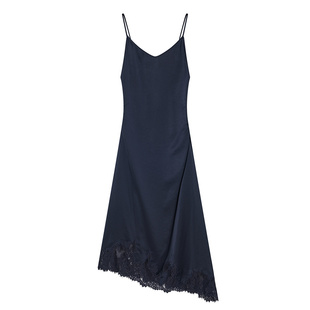 COVERINS深蓝色醋纤吊带连衣裙不对称蕾丝下摆收腰CC34305040