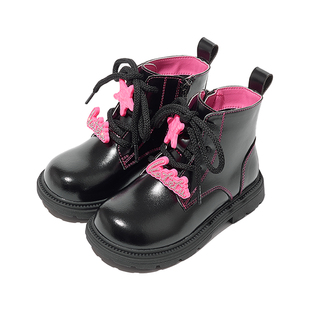 卡特兔黑色加绒小皮鞋2024新款冬季女童保暖马丁靴女孩防滑短靴