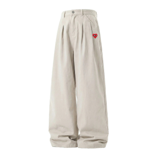 查尔斯桃心日系街头风褶皱爱心刺绣工装休闲裤男女宽松休闲长裤子