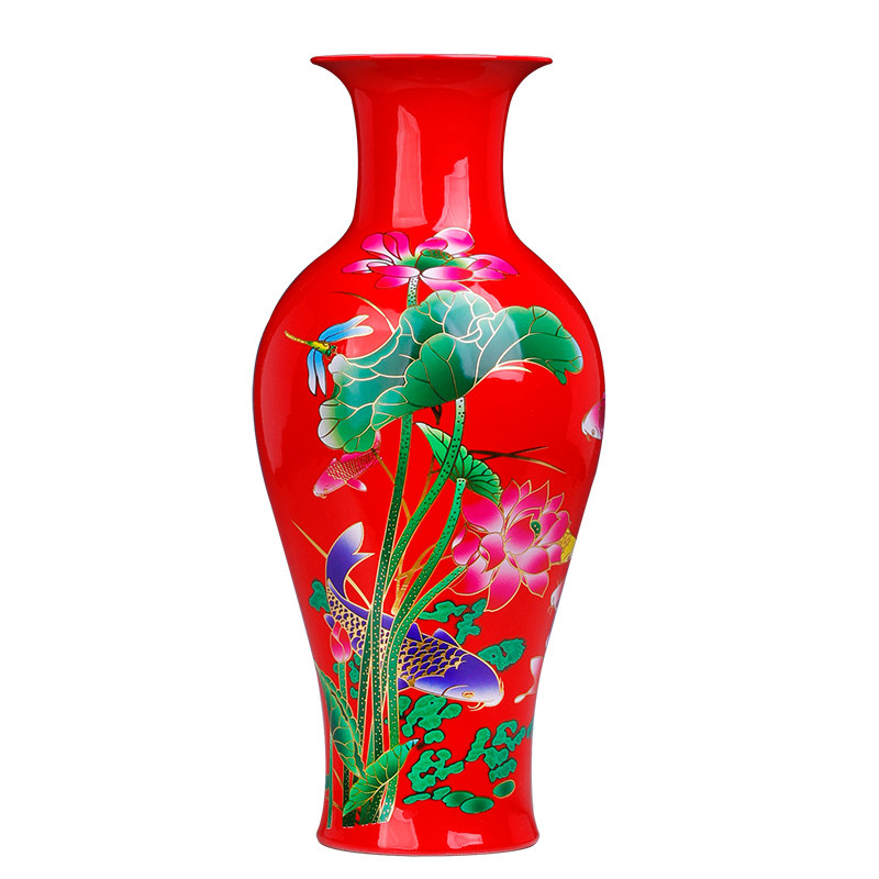 大号景德镇陶瓷器红花瓶中式客厅插花鲜花干花花瓶摆件复古高级感