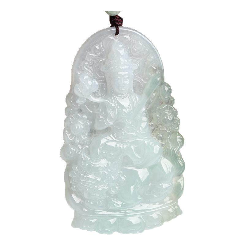 欧说珠宝29.04克高货缅甸天然飘绿翡翠文殊菩萨吊坠玉项链送礼物