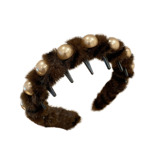 秋冬豹纹毛绒珍珠发箍女带齿洗脸压发头箍高颅顶防滑碎发整理发卡