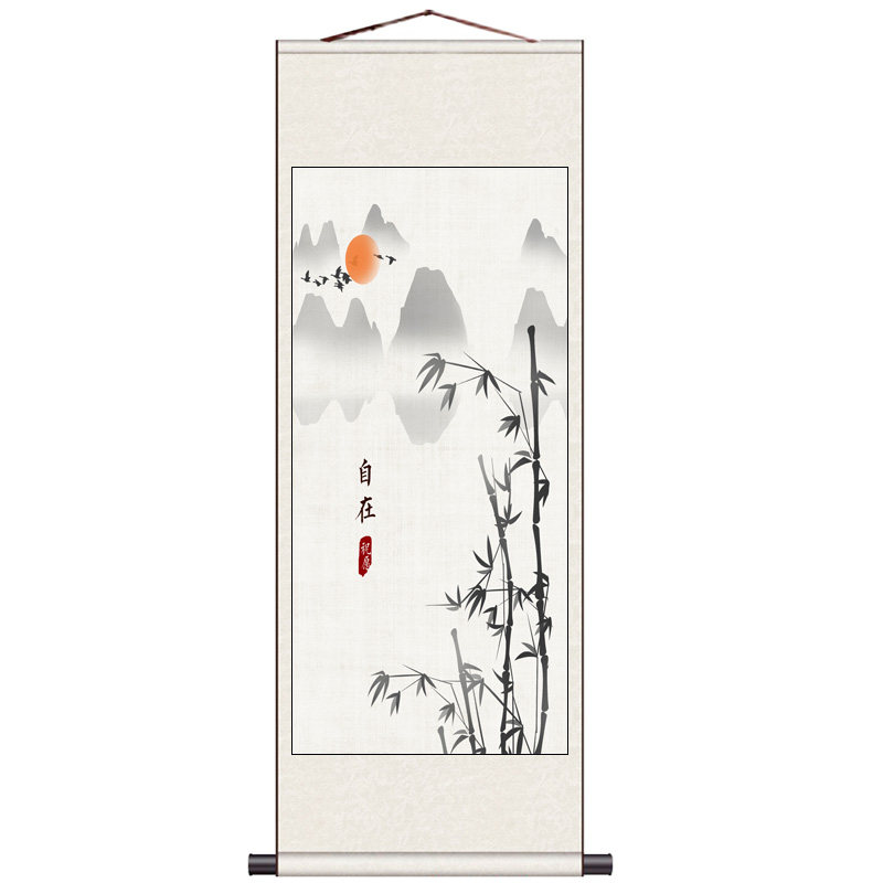 禅意发财树中式山水挂画客厅丝绸卷轴画花鸟挂画竖幅中国风风水画
