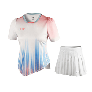 李宁羽毛球运动服短裙女套装秋冬T恤速干短袖上衣百褶A字裙防走光