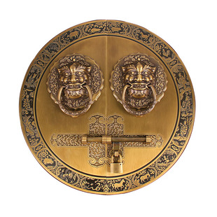 新中式仿古大门纯铜拉手插销门锁虎头门环圆形复古木门铜把手定制