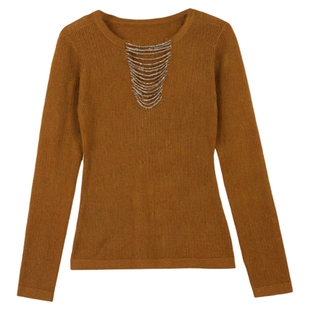 利达 NEW DADADA【拾光】复古卡其色V领设计感小众修身针织衫上衣