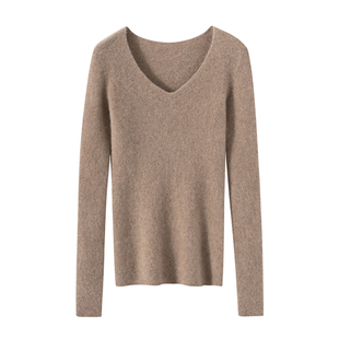 康赛妮纱修身一线抽条女纯羊绒衫V领紧身毛衣内搭针织打底衫上衣