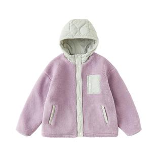 棵初25年秋冬季儿童仿羊羔毛外套亲子撞色拼接保暖宽松连帽上衣