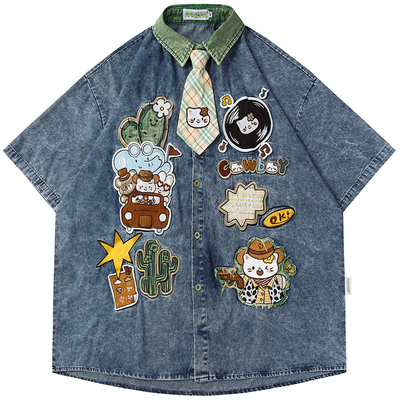 宽松复古短袖卡通贴布刺绣衬衫潮