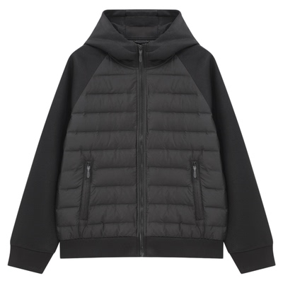 Basic House/百家好冬季保暖连帽短款拼接排骨轻薄羽绒服外套女款