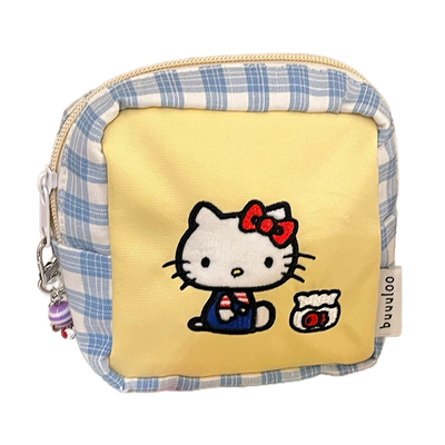 帆布格子豆腐包化妆包迷你收纳小包随身便携化妆品口红杂物零钱包