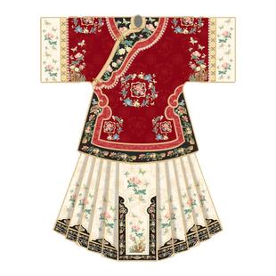 原创花鸟间格格服清汉女汉服复原斜襟圆领民族服印花马面春秋款