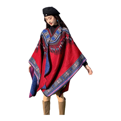 西藏旅行复古图腾红色斗篷披肩