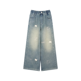 Amybaby女童裤子冬季2025新款加厚百搭烫钻KT猫可爱休闲牛仔裤