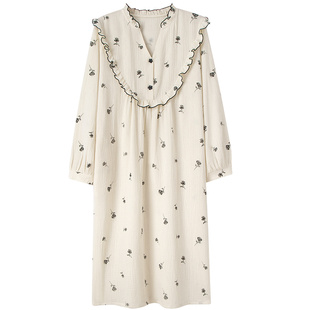 妮狄娅睡衣睡裙女春秋季纯棉长袖双层纱布秋冬大码宽松长款家居服