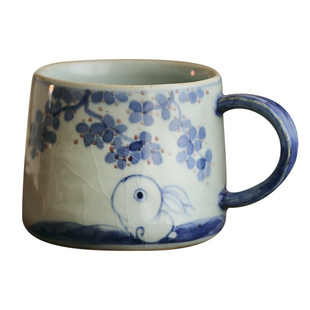 勾画景德镇手绘青花复古粗陶中式文艺猫咪兔子情侣咖啡杯可爱水杯