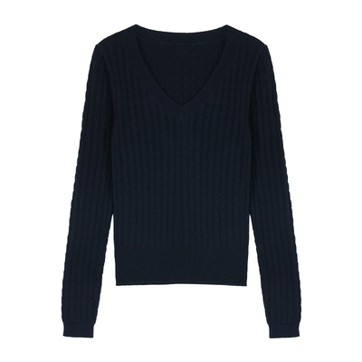 pusumede 小众玩家 v领条纹麻花针织衫女套头长袖修身内搭上衣