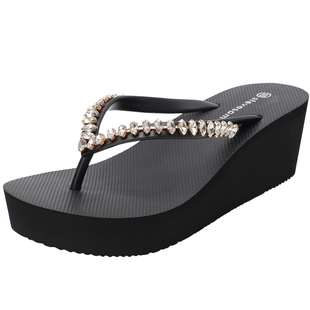 Stevesam女拖6CM坡跟水钻人字拖女夏时尚舒适高跟海边凉沙滩凉拖