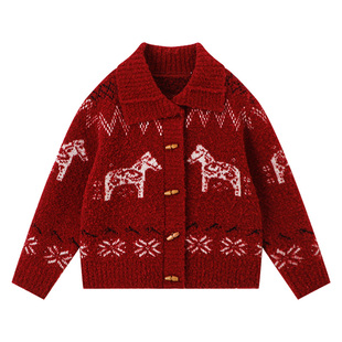 布丁哈鲁冬装女童童装上衣2026秋冬季新款儿童中国风拜年毛衣