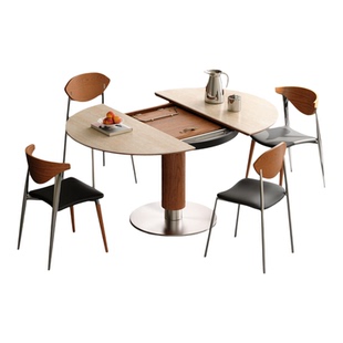 木小咖中古洞石伸缩岩板餐桌家用小户型现代简约吃饭桌子椅子组合