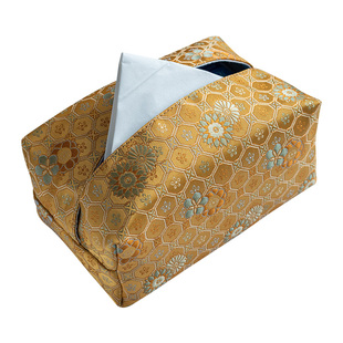 新中式西阵织锦缎面纸巾盒布艺提花仿丝抽纸盒茶室金黄色收纳布套