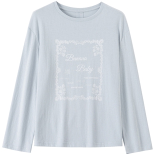 BANANA BABY2026年夏新款慵懒风baby蓝字母印花长袖女休闲宽松T恤