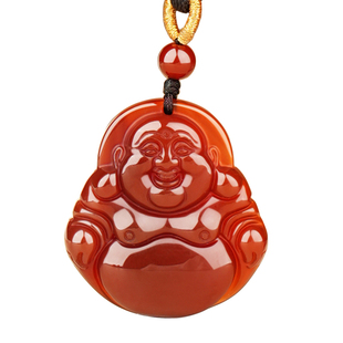 天然红玛瑙项链佛公吊坠弥勒佛项链无事牌女款护身吊坠本命年礼物