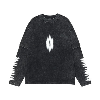 OVDY美式复古假两件水洗长袖男女