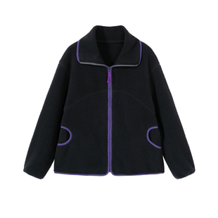 AR双面羊羔绒短款厚外套女装秋冬季保暖加绒新款撞色开衫运动上衣