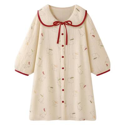 喜庆红边娃娃领纯棉纱布睡衣睡裙