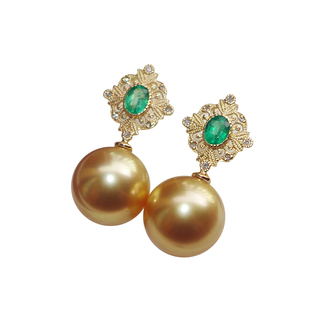 进口南洋金珠海水珍珠耳钉耳环18k金镶钻石祖母绿宫廷风正圆强光