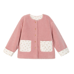 小O宝童装 宝宝羊羔绒外套女加绒2025冬季新款女童口袋毛绒外套