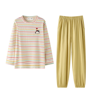 贝妍春秋彩虹撞色条纹女长袖睡衣