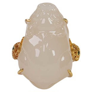 年货节天然和田玉戒指女a藕粉白玉貔貅镶18k金指环招财送领导礼物