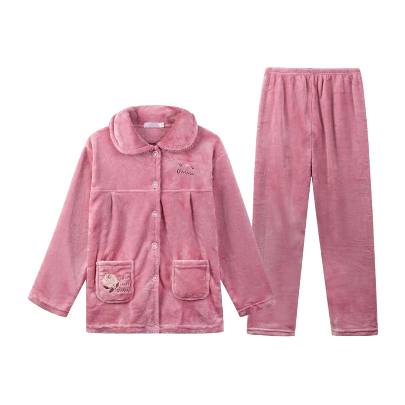 秋冬季加绒加厚珊瑚绒睡衣女大码法兰绒家居服中年人妈妈保暖套装