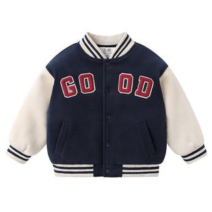 右欧儿童加绒加厚棒球服外套字母学院风秋冬季新款童装男女童棉服