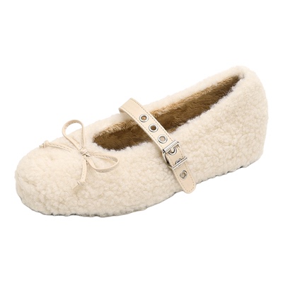 羊羔毛灰色加绒芭蕾单鞋
