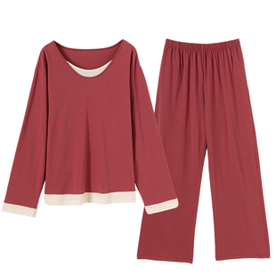 顶瓜瓜假两件拼接撞色纯棉套头家居服女春秋睡衣套装可外穿顶呱呱